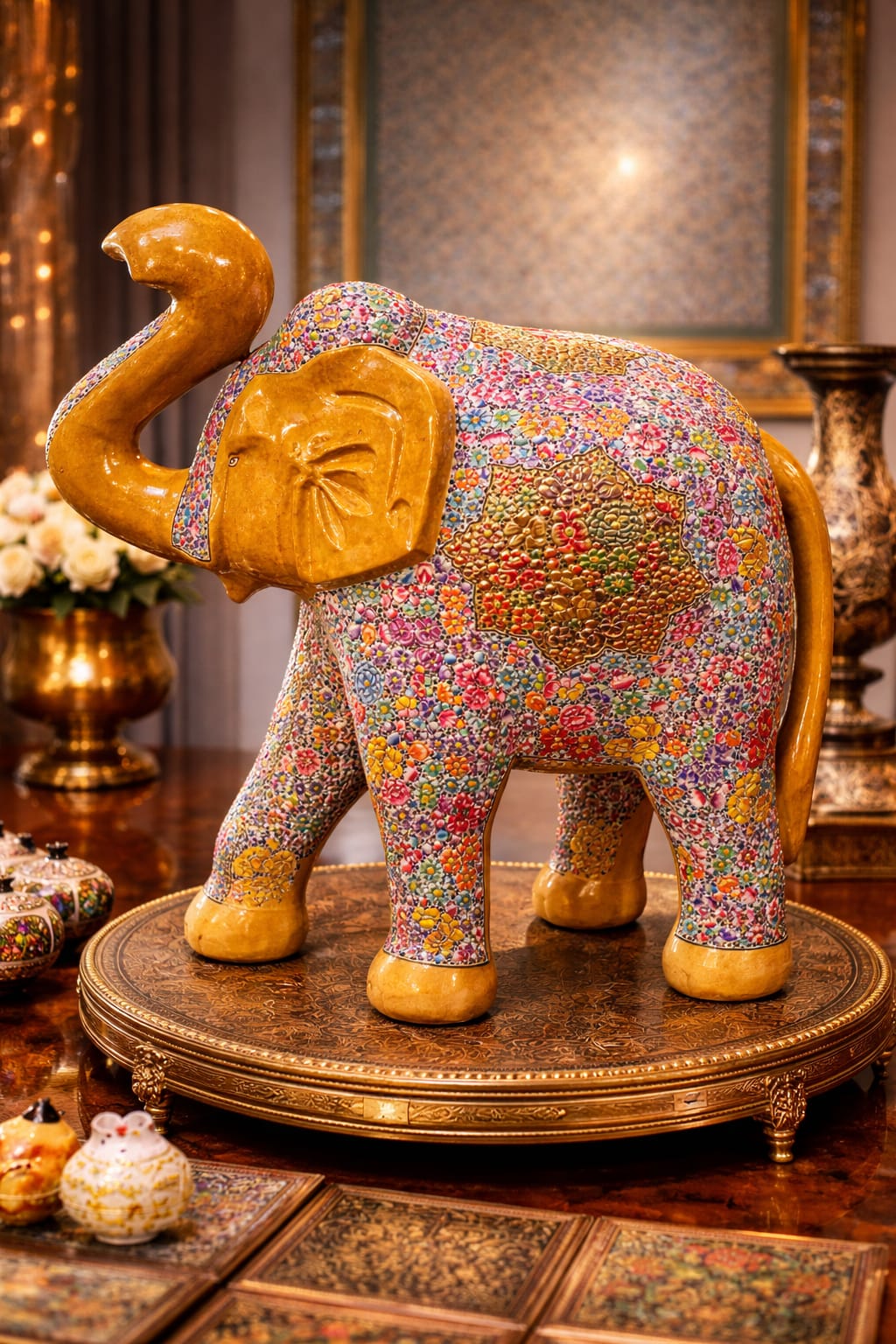 Handmade Elephant Statue, Handpainted elephant sculpture, Indian rlephant statue.Paper Mache elephant handpainted in mughal darbar design